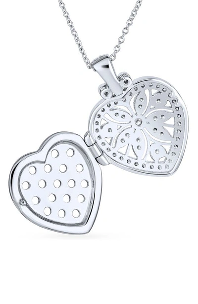Bling Jewelry Sterling Silver & Cz Vintage Flower Heart Locket Necklace In Silver