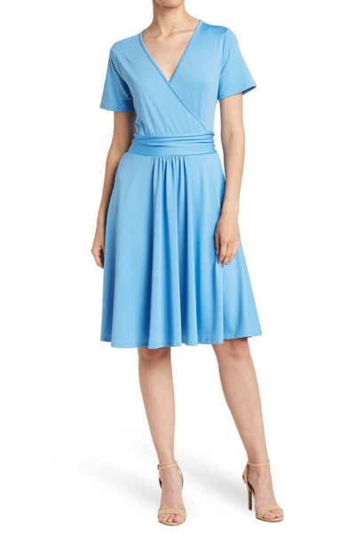 Shop Love By Design Mallory Short Sleeve Faux Wrap Dress In Azure Blue