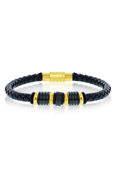 Shop Blackjack Two-tone Stainless Steel Woven Leather Bracelet In Black/ Gold