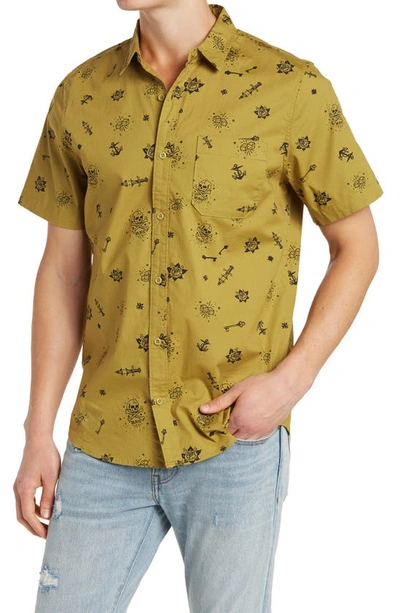 Shop Abound Short Sleeve Tattoo Print Button Front Shirt In Olive Eyes Tattoo