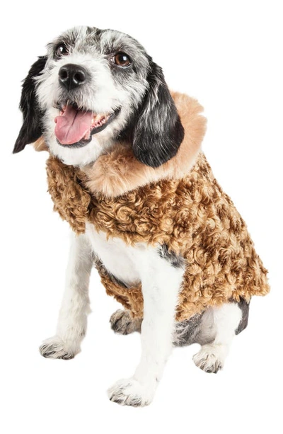 Pet Life Luxe 'gilded Rawflled' Gold Fleck Designer Faux Fur Dog Coat In Coffee Brown And White