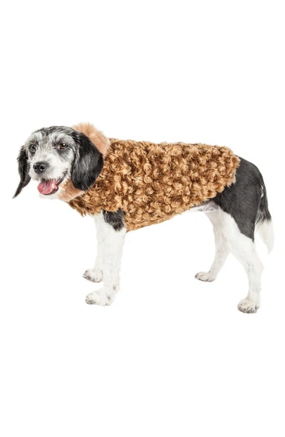 Pet Life Luxe 'gilded Rawflled' Gold Fleck Designer Faux Fur Dog Coat In Coffee Brown And White