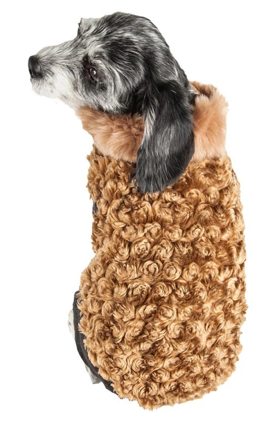 Shop Pet Life Luxe 'gilded Rawflled' Gold Fleck Designer Faux Fur Dog Coat In Coffee Brown And White