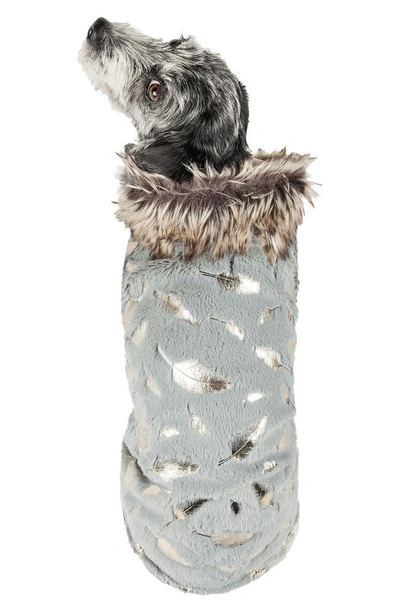 Shop Pet Life Luxe 'gold Wagger' Gold-leaf Designer Faux Fur Dog Coat In Grey And Gold