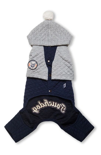 Pet Life Touchdog Quilt Hooded Full Bodied Jumpsuit In Navy/ Grey