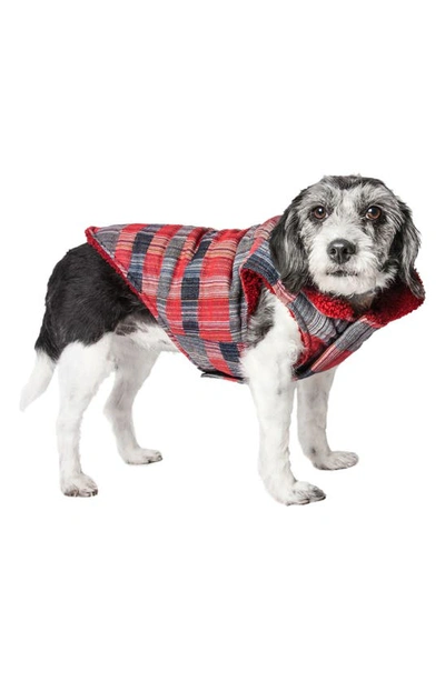 Shop Pet Life 'scotty' Classical Plaided Insulated Faux Shearling Lined Dog Coat In Red And Grey Plaid