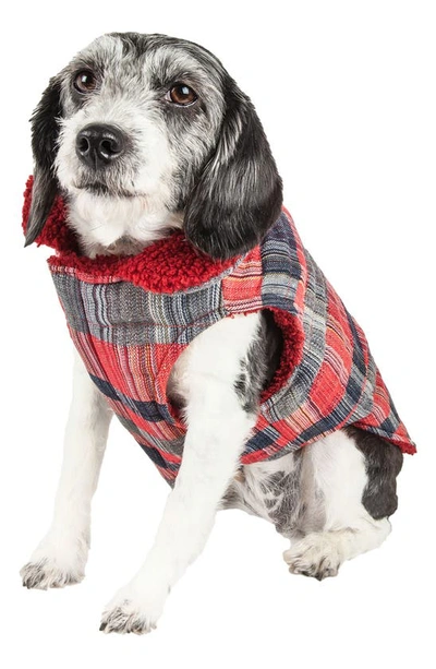 Shop Pet Life 'scotty' Classical Plaided Insulated Faux Shearling Lined Dog Coat In Red And Grey Plaid