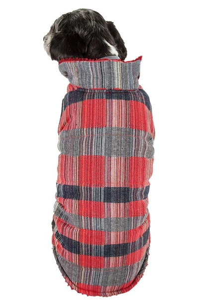 Shop Pet Life 'scotty' Classical Plaided Insulated Faux Shearling Lined Dog Coat In Red And Grey Plaid