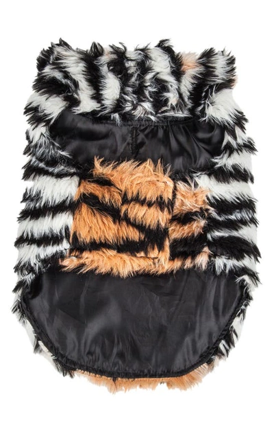 Shop Pet Life Luxe Tigerbone Glamourous Patterned Faux Fur Dog Coat In Golden Brown Black And White