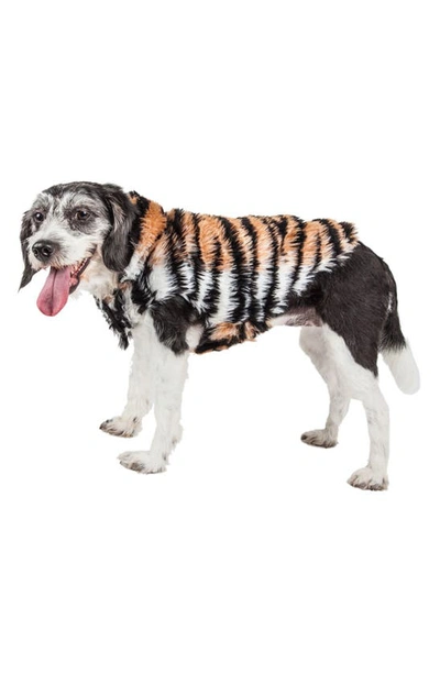 Shop Pet Life Luxe Tigerbone Glamourous Patterned Faux Fur Dog Coat In Golden Brown Black And White