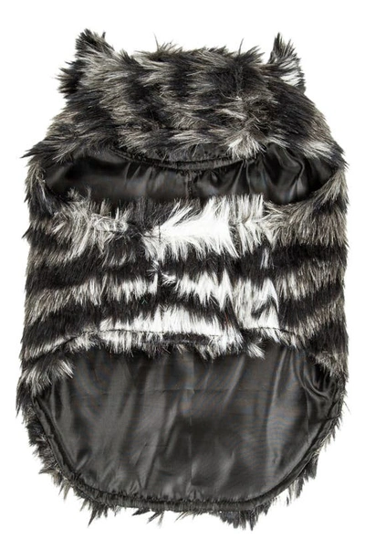Shop Pet Life Luxe 'chauffurry' Beautiful Designer Zebra Patterned Faux Fur Jacket In Black And Grey
