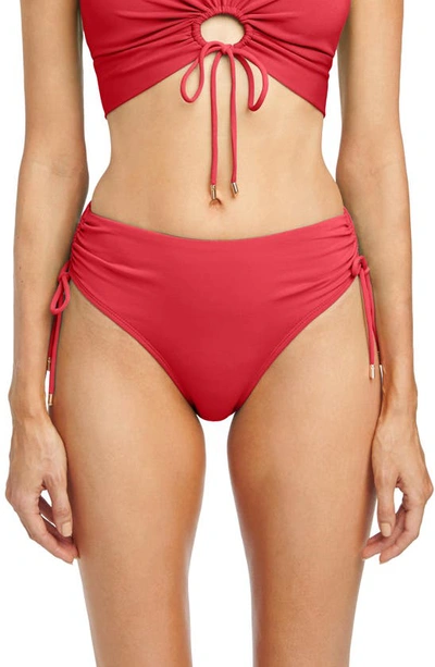 Shop Robin Piccone Aubrey Ruched High Waist Bikini Bottoms In Poppy