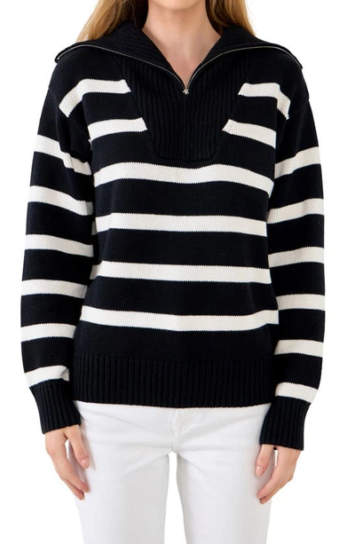 Shop English Factory Stripe Cotton Zip Pullover In Black