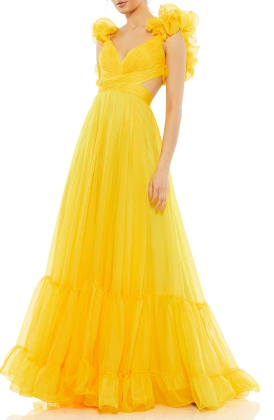 Shop Mac Duggal Rosette Chiffon Cutout Empire Waist Gown In Sunshine