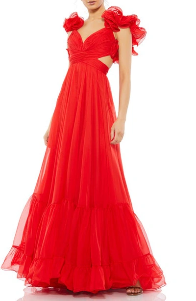 Shop Mac Duggal Rosette Chiffon Cutout Empire Waist Gown In Red