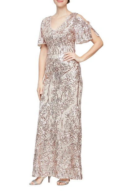 Shop Alex Evenings Sequin Lace Cold Shoulder Trumpet Evening Gown In Sand