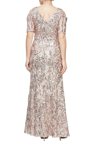 Alex Evenings Sequin Lace Cold Shoulder Trumpet Gown In Sand