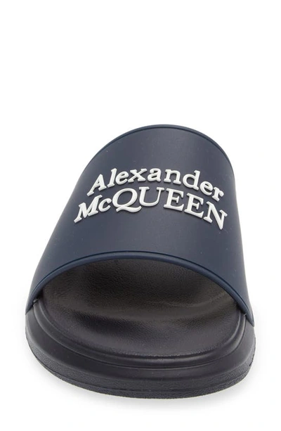 Shop Alexander Mcqueen Hybrid Logo Slide Sandal In Navy/ White