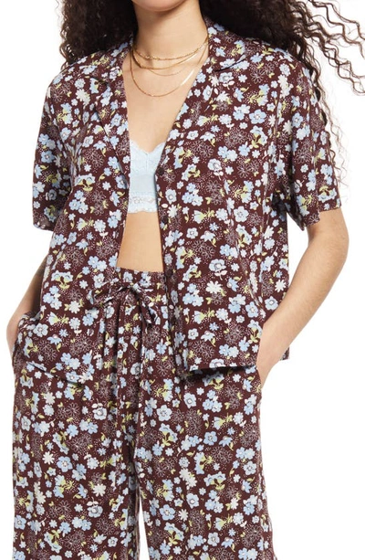 Bp. Retro Print Button-up Shirt In Brown- Blue Misty Floral