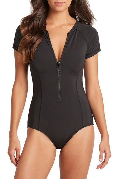 Shop Sea Level Short Sleeve Multifit Front Zip One-piece Swimsuit In Black