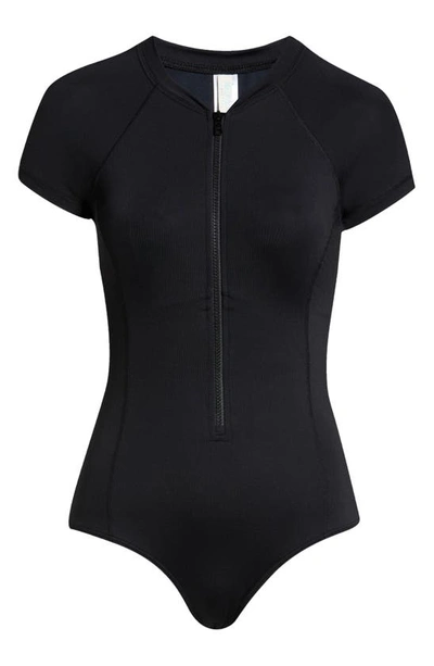 Shop Sea Level Short Sleeve Multifit Front Zip One-piece Swimsuit In Black