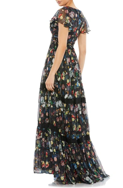 Shop Mac Duggal Floral Print Tiered Empire Waist Chiffon Gown In Black Multi