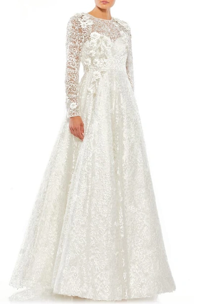 Shop Mac Duggal Floral Lace Long Sleeve A-line Gown In White