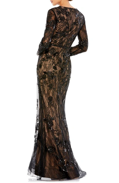 Shop Mac Duggal Long Sleeve Lace Trumpet Gown In Black Nude