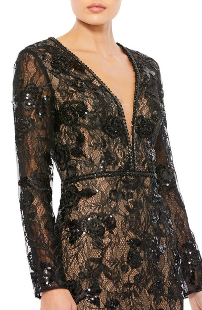 Shop Mac Duggal Long Sleeve Lace Trumpet Gown In Black Nude