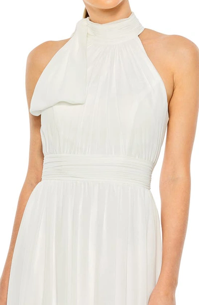 Shop Ieena For Mac Duggal High Neck Ruched Chiffon A-line Gown In White