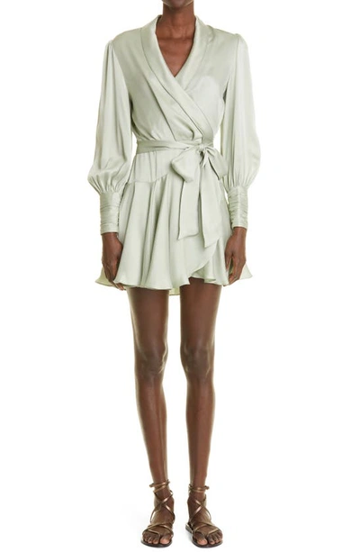 Shop Zimmermann Long Sleeve Silk Wrap Minidress In Sage