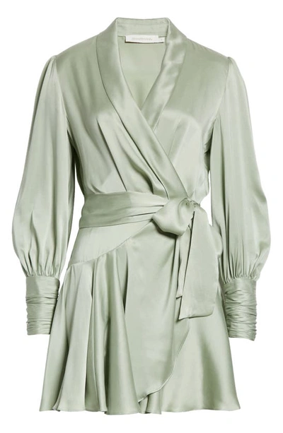 Shop Zimmermann Long Sleeve Silk Wrap Minidress In Sage