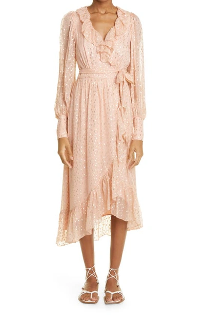 Shop Zimmermann Ruffle Long Sleeve Silk Blend Fil Coupé Wrap Dress In Blush