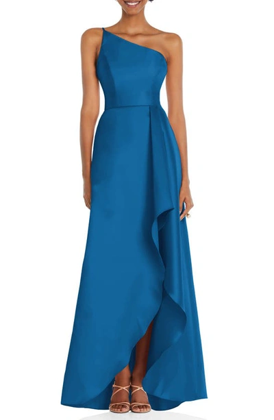 Shop Alfred Sung One-shoulder Satin Gown In Classic Blue