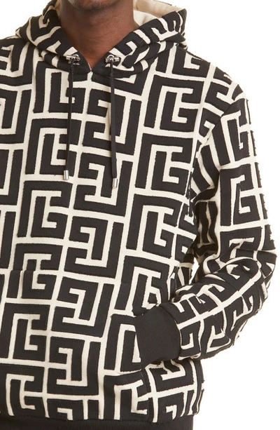 Shop Balmain Maxi Monogram Cotton Hoodie In Ivory/ Noir