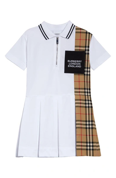 Shop Burberry Kids' Serena Check Panel Piqué Cotton Dress In White