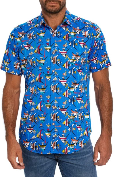 Shop Robert Graham Gone Fishing Stretch Print Short Sleeve Button-up Shirt In Blue