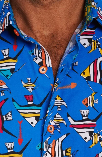 Shop Robert Graham Gone Fishing Stretch Print Short Sleeve Button-up Shirt In Blue
