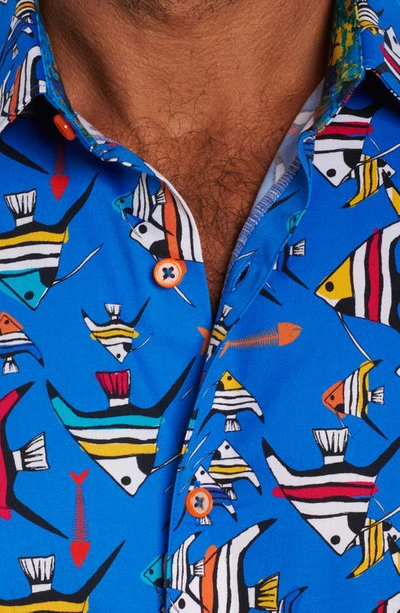 Robert Graham Gone Fishing Stretch Print Short Sleeve Button-up Shirt In Blue