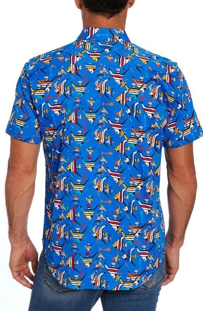 Shop Robert Graham Gone Fishing Stretch Print Short Sleeve Button-up Shirt In Blue