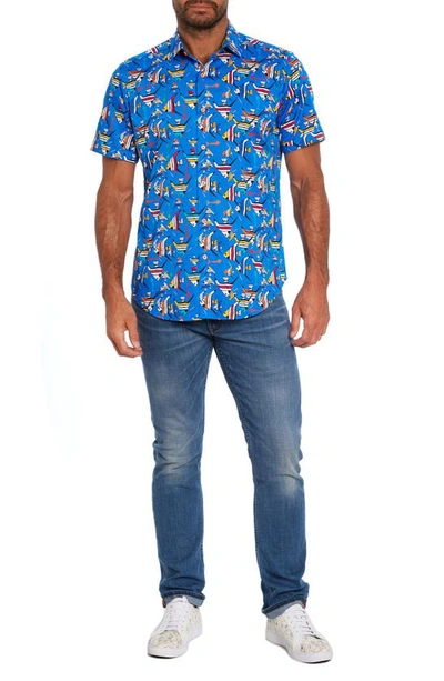 Shop Robert Graham Gone Fishing Stretch Print Short Sleeve Button-up Shirt In Blue