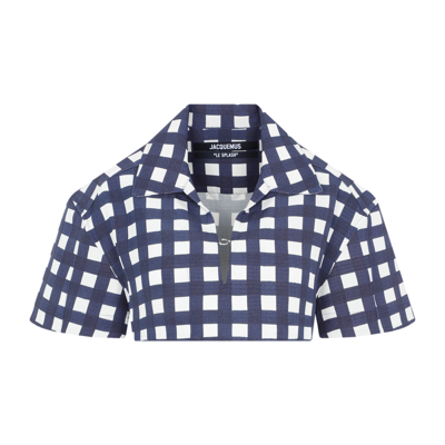 Shop Jacquemus Check Patterned Cropped Blouse In Blue