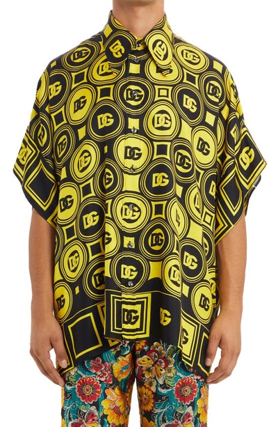 Shop Dolce & Gabbana Oversize Dg Print Short Sleeve Silk Button-up Shirt In Hg3gs Dg Logo Fdo.giallo