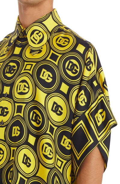 Shop Dolce & Gabbana Oversize Dg Print Short Sleeve Silk Button-up Shirt In Hg3gs Dg Logo Fdo.giallo