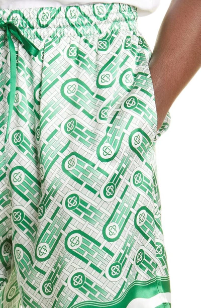 Shop Casablanca Silk Drawstring Shorts In Green Ping Pong Monogram