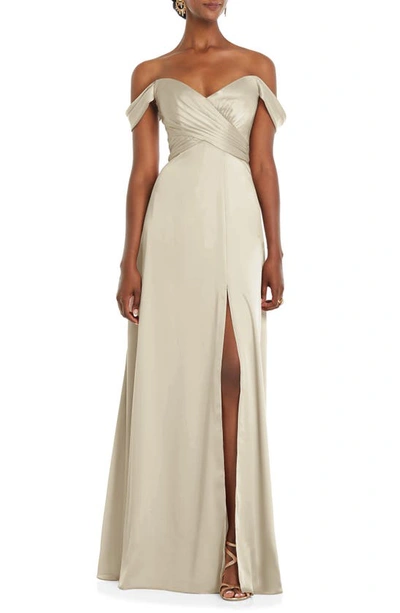 Shop Dessy Collection Off The Shoulder Satin Gown In Champagne