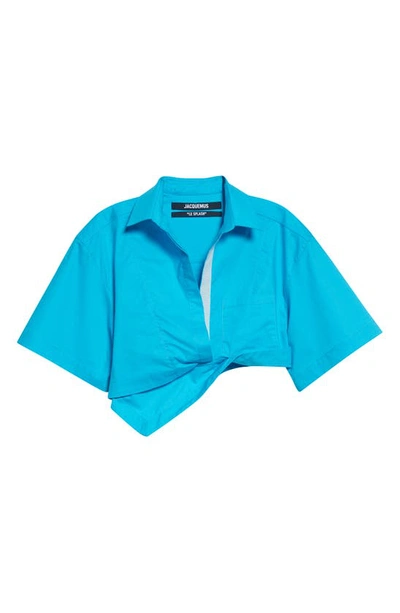 Shop Jacquemus La Chemise Capri Twist Cotton Shirt In Turquoise