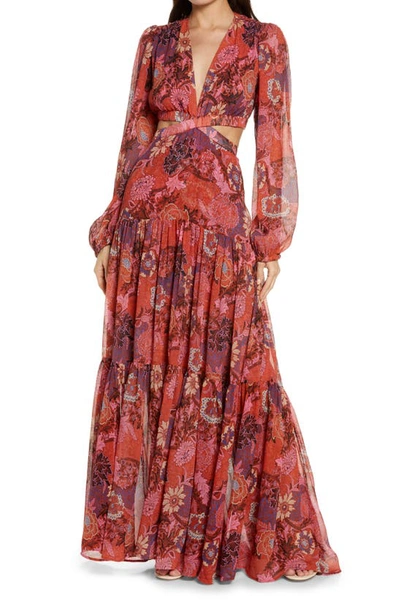 Shop A.l.c Isabelle Cutout Plunge Neck Long Sleeve Maxi Dress In Pink/ Russet Multi