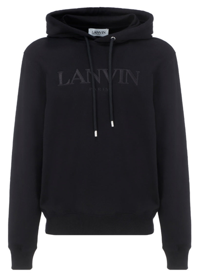 Shop Lanvin Logo Embroidered Drawstring Hoodie In Black