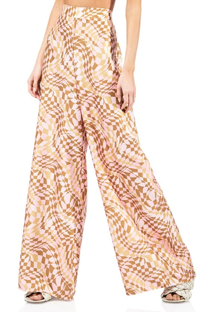 Shop Afrm Vio Satin Wide Leg Pants In Blush Checkboard